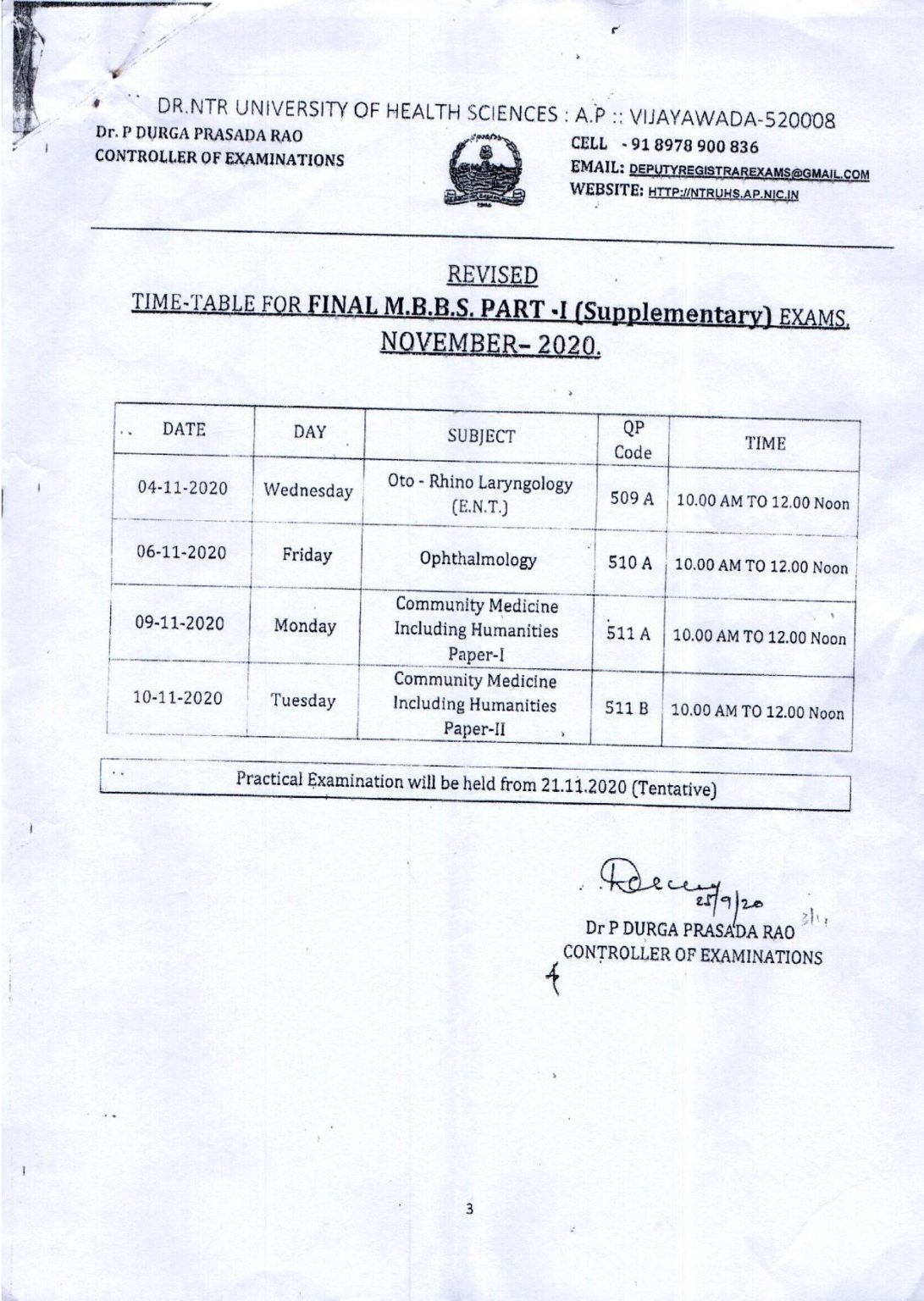 TIME TABLE FOR FINAL MBBS PART 1 SUPPLEMENTARY NOVEMBER 2020 Dr
